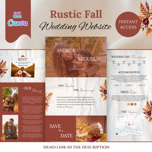 Puede incluir: Plantilla de sitio web de boda rústica de otoño con una paleta de colores cálidos. El diseño incluye secciones para RSVP, calendario del día de la boda, alojamiento, código de vestimenta y detalles del lugar. El sitio web presenta los nombres "Andrea y Miguel" y la fecha "9 de noviembre de 2021".