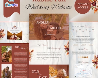 May include: A wedding website template in a rustic fall theme, featuring a warm colour scheme. The design includes sections for RSVP, wedding day timeline, accommodation, dress code, and venue details. The website features the names "Andrea and Miguel" and the date "9th November 2021".