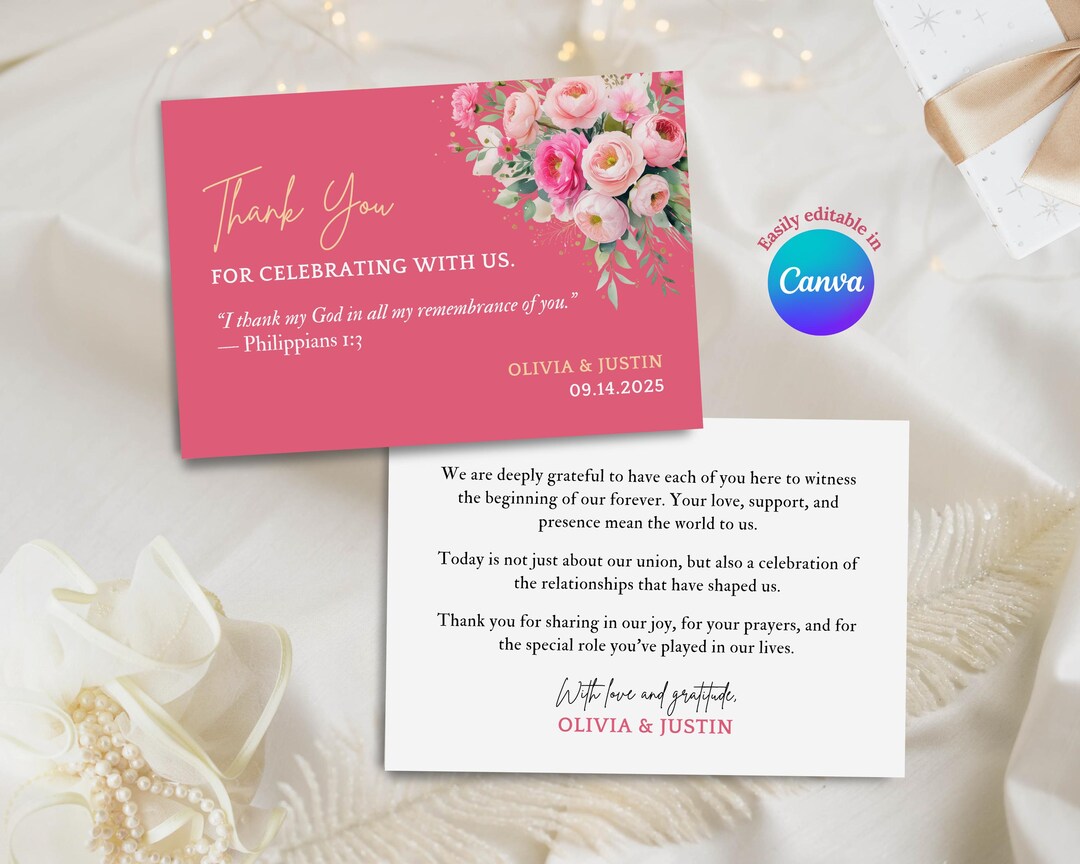 Blush Pink Wedding Thank You Card Template Editable Canva Card ...