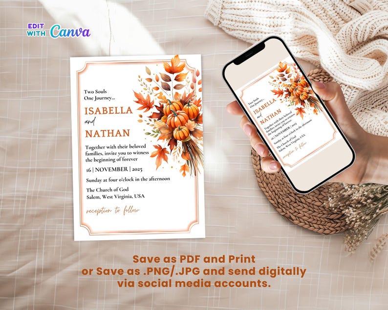 Fall Wedding Invitation Set With Burnt Orange Leaves & Pumpkin Design ...