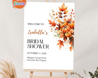 Bridal Shower Welcome Sign Pumpkin Fall Leaves: Editable Canva Template Burnt Orange Rustic Autumn (Digital Download)