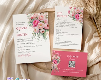 Blush Pink Floral Wedding Invitation Suite: Editable Canva Template, Watercolor Roses (Digital Download)