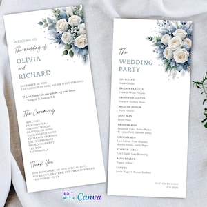 Può includere: Due programmi di nozze bianchi con decorazioni floreali. I programmi presentano i nomi di Olivia e Richard, la data del matrimonio e i dettagli degli invitati. Sono decorati con fiori e verde in stile acquerello.