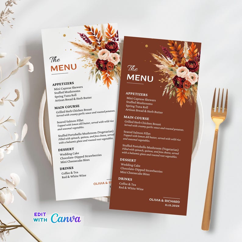 Terracotta Fall Wedding Menu Card Template: Boho Floral, Editable Canva ...