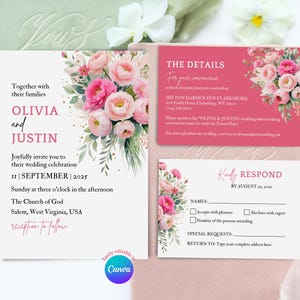 Blush Rosa Hochzeitseinladung Canva Bundle | Aquarell Blumen Rose Geranie Pfingstrose Antwort auf die Antwort | Bearbeitbar DIY Hochzeit Briefpapier Set
