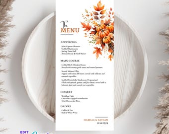 Fall Wedding Menu Card Pumpkin Editable Canva Template Autumn Leaf Printable  Menu Card DIY Rust Reception Dinner Card Digital Download