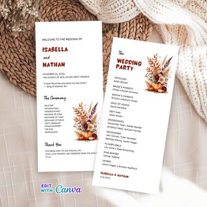 Pode incluir: Dois programas de casamento com ilustrações florais e de abóboras. O programa da esquerda diz "Bem-vindos ao casamento de Isabella e Nathan" e lista os detalhes da cerimônia. O programa da direita lista os convidados.