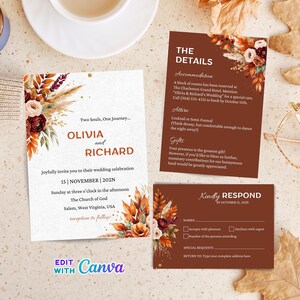 Peut inclure: Ensemble de faire-part de mariage comprenant une invitation principale, une carte de détails et une carte de réponse. Le design comprend des accents floraux orange, bordeaux et crème. Le texte de l'invitation annonce le mariage d'"Olivia et Richard".
