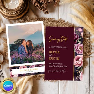 Burgundy Floral Save the Date Template: Editable Canva Design (Digital Download)