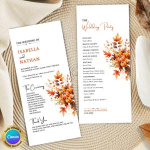 May include: Wedding program featuring the names "Isabella and Nathan" with the date November 26, 2026. The design includes fall-themed watercolor pumpkins and leaves. The program lists the ceremony details and wedding party.