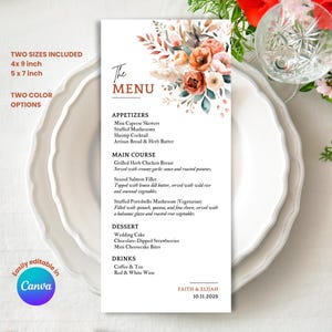 Carte de menu de mariage bohème en terre cuite | Lot mariage Canva | Modèle floral orange rouille modifiable | Suite de papeterie bohème pour les mariées bricolées