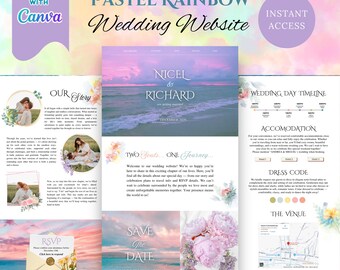 Plantilla web para bodas con temática de arcoíris pastel: Sitio web nupcial personalizable en Canva (descarga digital)