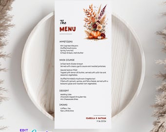 Autumn Wedding Menu Card, Minimalist Pumpkin Fall Floral, Editable Canva Template Printable Menu Card (Digital Download)