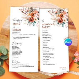 Programa y fiesta de boda en terracota bohemia / Plantilla editable de Canva / Tarjeta de ceremonia floral rústica naranja / Orden de eventos / Descarga instantánea