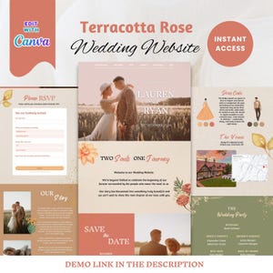 Puede incluir: Una plantilla de sitio web de bodas con un tema de rosa terracota. El diseño incluye secciones para RSVP, código de vestimenta, lugar y detalles de la fiesta de bodas. El sitio web presenta una foto de una pareja y el texto "LAUREN & RYAN". El logotipo de Canva es visible.