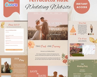 May include: A wedding website template with a terracotta rose theme. The design includes sections for RSVP, dress code, venue, and wedding party details. The website features a photo of a couple and the text "LAUREN & RYAN". The Canva logo is visible.