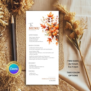 Fall Wedding Menu Card Pumpkin Editable Canva Template Autumn Leaf Printable  Menu Card DIY Rust Reception Dinner Card Digital Download