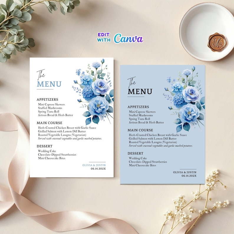 Dusty Blue Floral Wedding Menu Card Template, Blue Rose Hydrangea ...