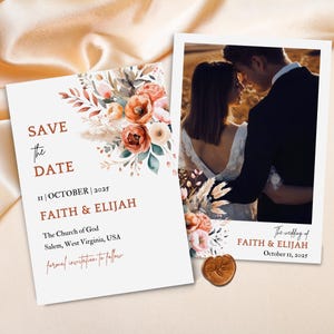 faites gagner la carte de date en terre cuite de bohème | Lot mariage Canva | Modèle floral orange rouille modifiable | Suite de papeterie bohème pour les mariées bricolées