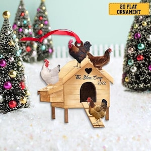 Adorno de gallinero personalizado con nombre, adorno de pollo navideño, adorno de granja de pollos personalizado, adorno navideño de pollo de granja