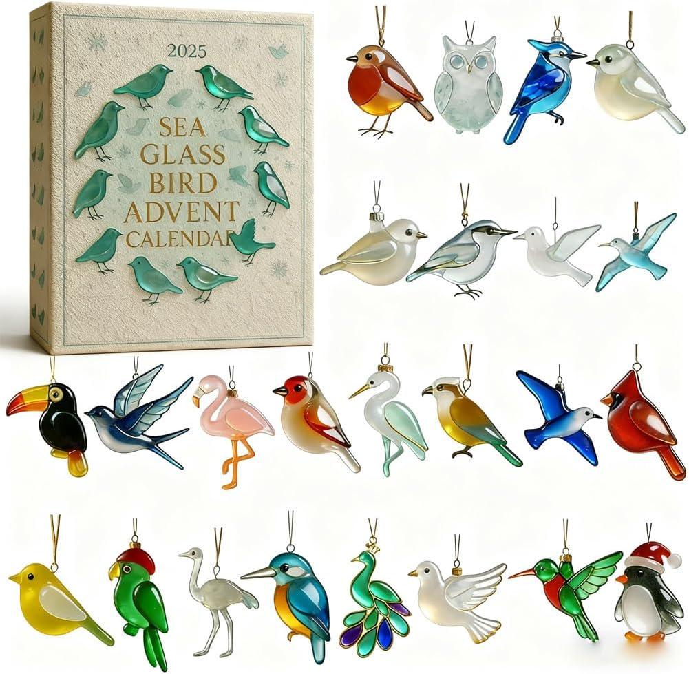 Discover Sea Glass Bird Advent Calendar 2025 with 24 Hanging Ornaments Countdown Christmas, Gift for Bird Lovers, Tree Decor, Holiday Display