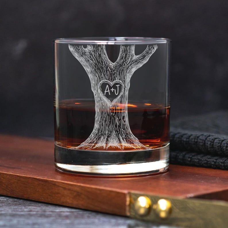 Carved Initials In A Heart Tree Engagement Gift, Personalized Printed Whiskey Glass, Couple Engaged Couples Initials Glass Set, Wedding Gift