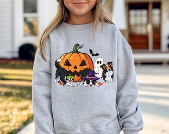 Halloween Border Collie Barntröja Storlek XS-XL, Sommartröja Ungdomspresent, Spöklikt Hemsökt Pumpa Hund Jultröja