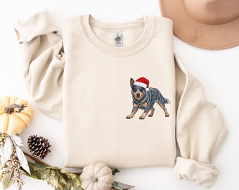 Blue Heeler Christmas Santa Hat Sweatshirt Size S-5XL, Red Heeler Pullover, Heeler Shirt, Australian Cattle Dog Sweater Gift, Dog Memorial