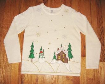 Ugly Christmas Sweater White Snowman and Gingerbread House