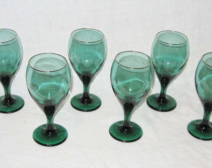 Set of 6 Vintage Green Wine Glasses Gold Trim Etsy