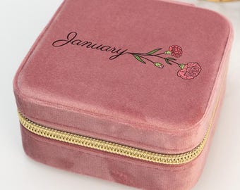 Birth Flower Travel Jewelry Case, Custom Jewelry Box, Mother's Day Gift for Mom, Floral Jewelry Case, Personalized Birth Flower Jewelry Box