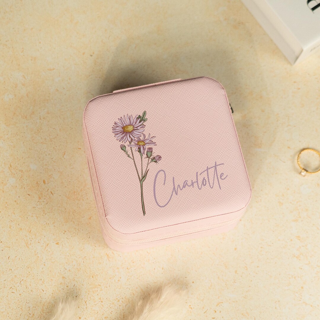 Birth Flower Jewelry Box, Custom Name Travel Case, Personalized Name ...