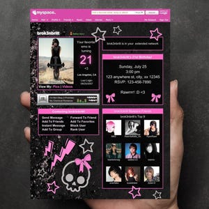 Pink Goth Emo Punk MySpace Profile Invitation | 2000s Y2K Party Template Digital Download