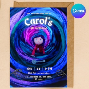 Invitación de cumpleaños de Coraline, personalizada, Canva, tarjeta de invitación, plantilla de Canva, descarga digital, Coraline Jones, tarjeta de celebración