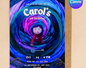 Invitación de cumpleaños de Coraline: Plantilla de tarjeta personalizada (Descarga digital)