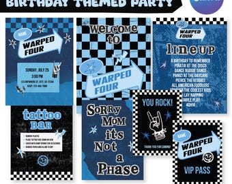Blue Warped Four 4 Tour Party Decor, Canva Template, Four Year Old Birthday, Emo, Punk Rock, Rock Bands, Games, Cupcake Toppers, Tattoo
