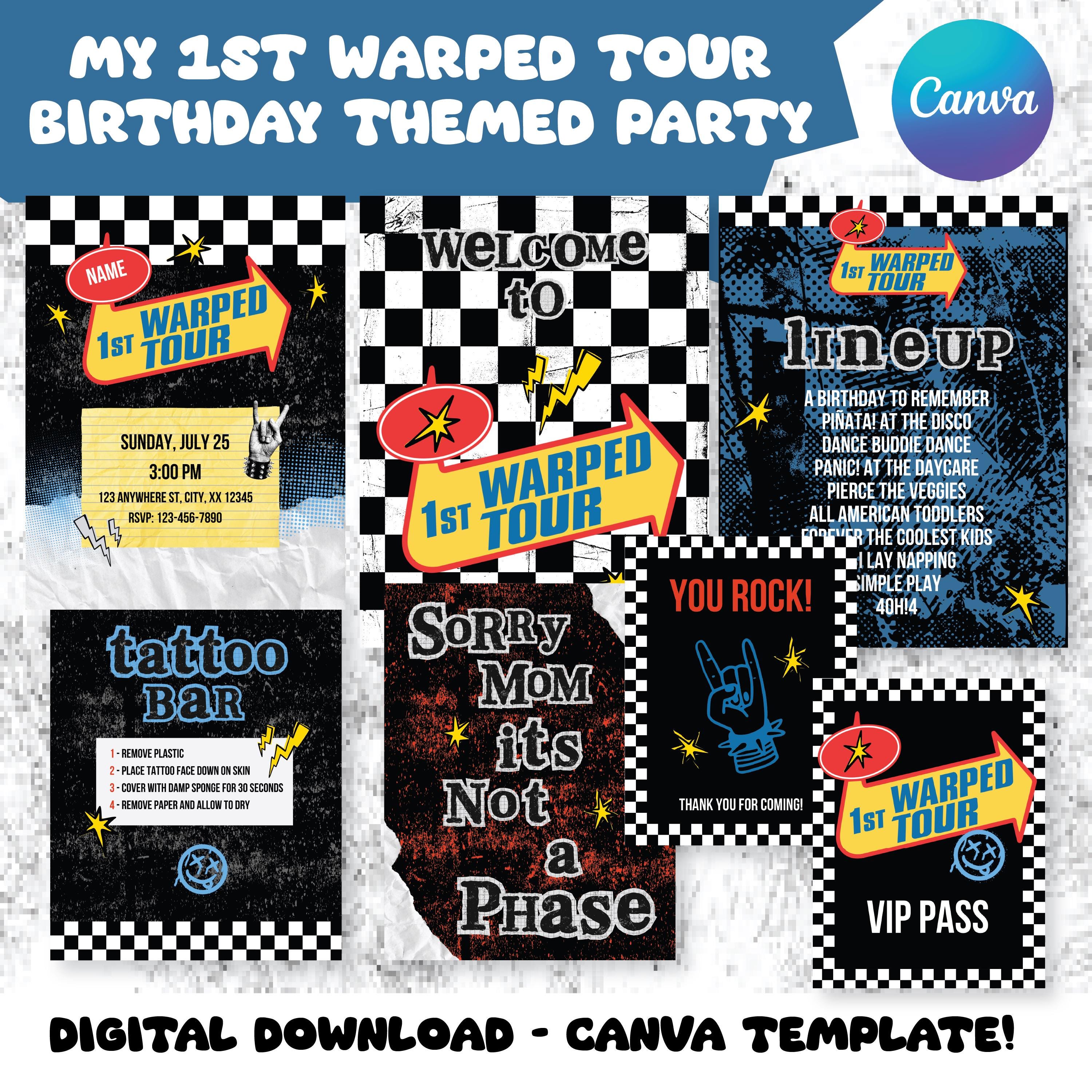 My '1st' Warped Tour Party Decor, Canva Template, first Year Birthday, Emo, Punk Rock, Rock Bands, Warp Four, Games, Cupcake Toppers, Tattoo