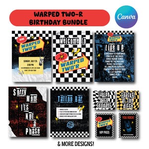 May include: A digital birthday party bundle template featuring a black and white checkered pattern, yellow arrows, and red accents. Text includes Warped Two-R Birthday Bundle, Welcome To, Line Up, Sorry Mom It's Not A Phase, Tattoo Bar, and VIP Pass.