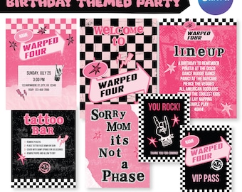 Pink Warped Four 4 Tour Party Decor, Canva Template, Four Year Old Birthday, Emo, Punk Rock, Rock Bands, Games, Cupcake Toppers, Tattoo