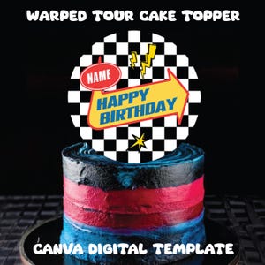 May include: A black and white checkered cake topper with a yellow arrow and the text "Happy Birthday". The topper also has a red oval with the word "Name" in it. The topper is on top of a multi-colored cake.