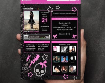 Invitación para perfil de MySpace, estilo gótico, emo y punk rosa / Plantilla para fiesta Y2K de los años 2000, descarga digital