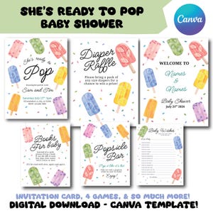 She’s About to Pop Baby Shower Decor Bundle, Popsicle, Editable Canva Templates, Popsicle Bar Sign, Welcome Sign, Digital Download