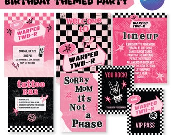 Pink Warped &#39;Two-r&#39; 2 Tour Party Decor, Canva Template, Two Year Old Birthday, Emo, Punk Rock, Rock Bands, Games, Cupcake Toppers, Tattoo
