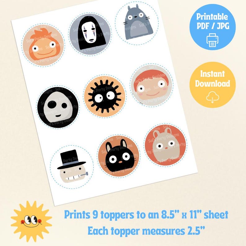 May include: A sheet of nine circular toppers featuring cartoon characters, each within a colored circle. The sheet includes text that reads "Printable PDF / JPG" and "Instant Download". The sheet prints 9 toppers to an A4 sheet, each measuring 6.35 cm.