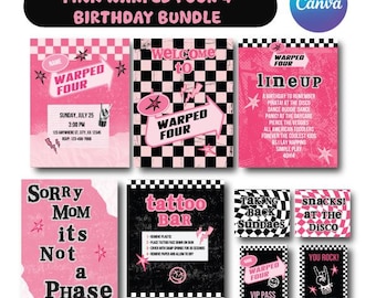 Pink Warped Four Birthday Party Decor: Canva Template (Digital Download)