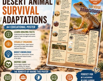 Desert Animal Survival Adaptations Poster | Camel Fennec Fox Gecko Printable Wall Art | Homeschool Science Decor | A4 Digital Download