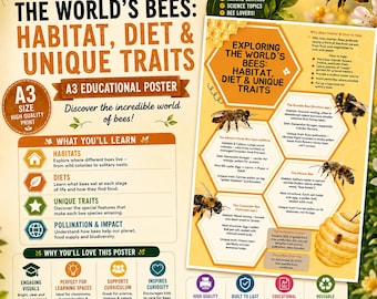 Bees Poster A3 Printable | Bee Habitat Diet Facts | Homeschool Science Nature Wall Art | Pollinator Educational Print | Digital Download