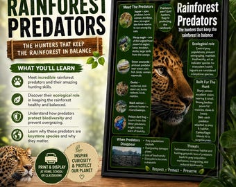 Rainforest Predators Educational Poster | Jaguar, Anaconda, Eagle Wall Art (A4 Digital Download)