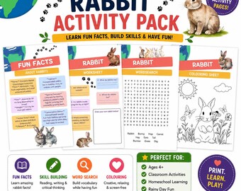 Rabbit Activity Pack | Animal Facts, Worksheets, Word Search (Printable PDF)