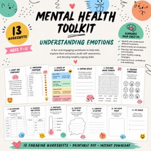 Może przedstawiać: Zeszyt ćwiczeń Mental Health Toolkit zawierający 13 arkuszy dla dzieci w wieku 7-12 lat. Strony obejmują zadania takie jak dopasowywanie emocji, strefy regulacji, umiejętności radzenia sobie, wykreślanki oraz wyznaczanie celów.